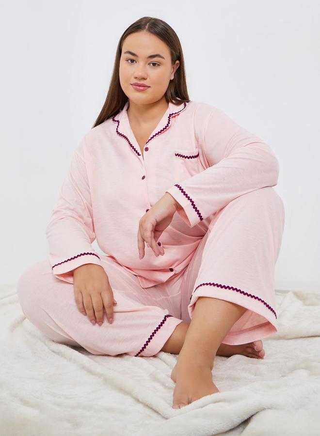 Styli Plus Size Rick Rack Trim Shirt and Pyjama Set - Image 1